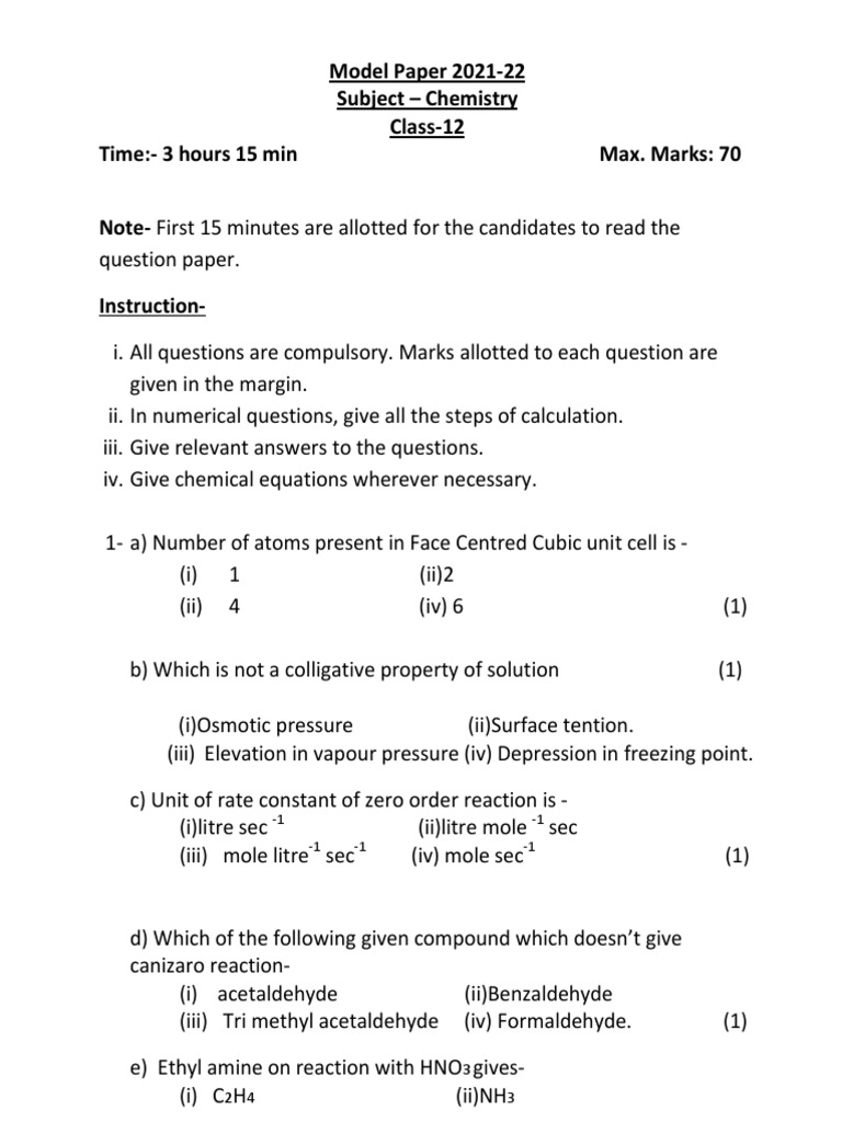 Class 12 Chemistry Model Paper 2021-22 | PDF | Chemical Reactions ...
