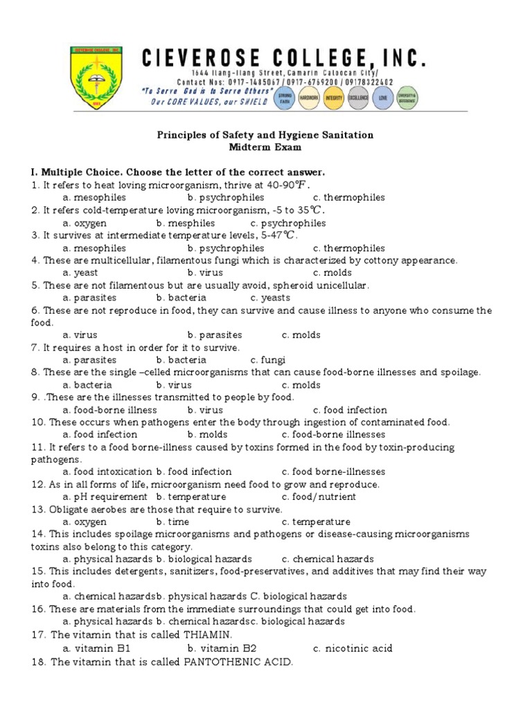 Principles of Safety and Hygiene Sanitation Midterm Exam I. Multiple