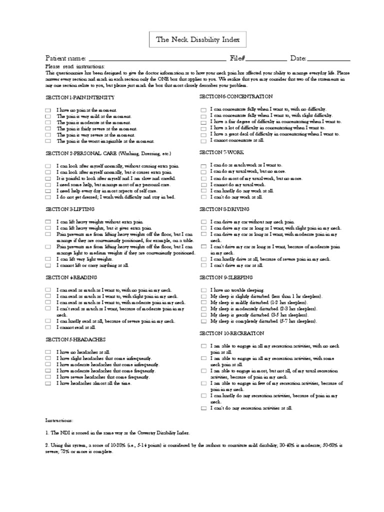 The Neck Disability Index Patient Name: File# Date | PDF | Pain | Headache