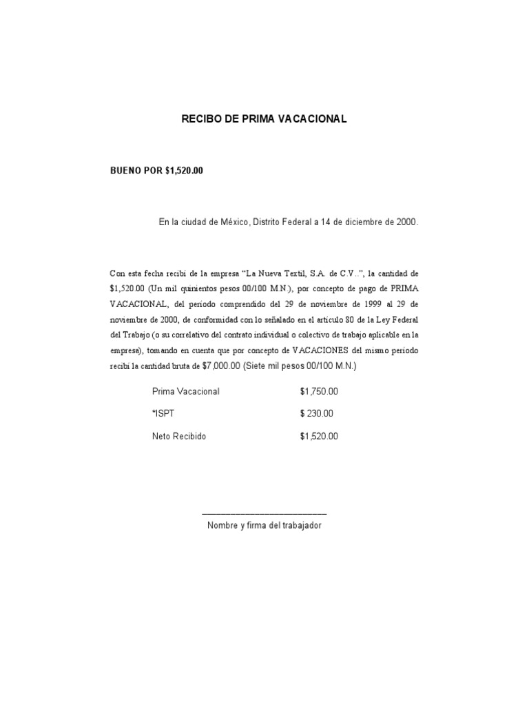 Modelo 1 Recibo de Prima Vacacional PDF