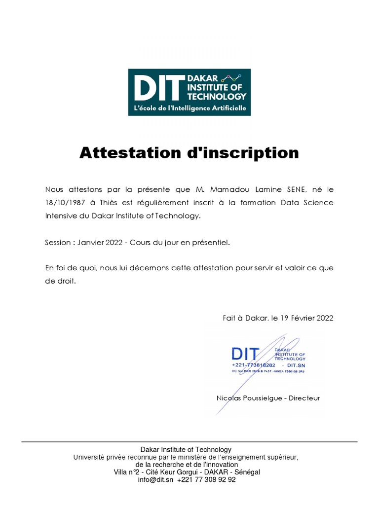 Attestation d'inscription à Data Science | PDF
