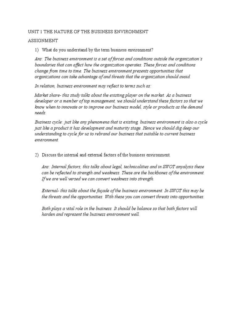 Unit 1 The Nature of The Business Environment Assignment 1) What Do You ...