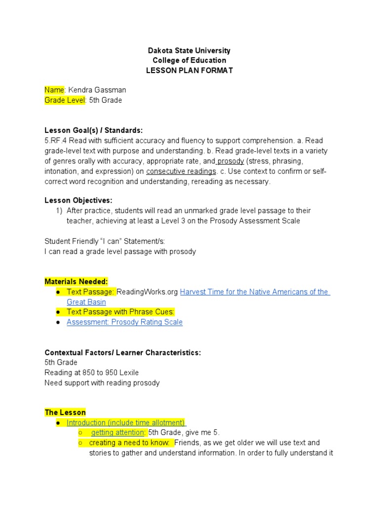 Dakota State University College of Education Lesson Plan Format | PDF ...