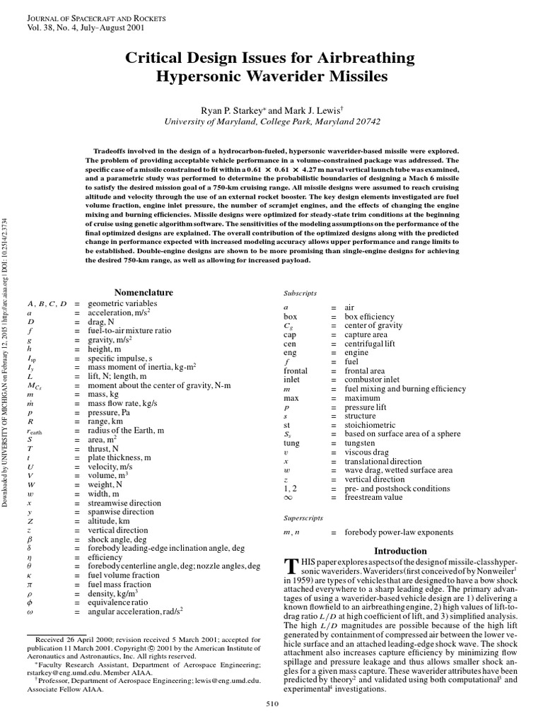 Critical Design Issues For Hypersonic Missile (2001) | PDF | Lift ...