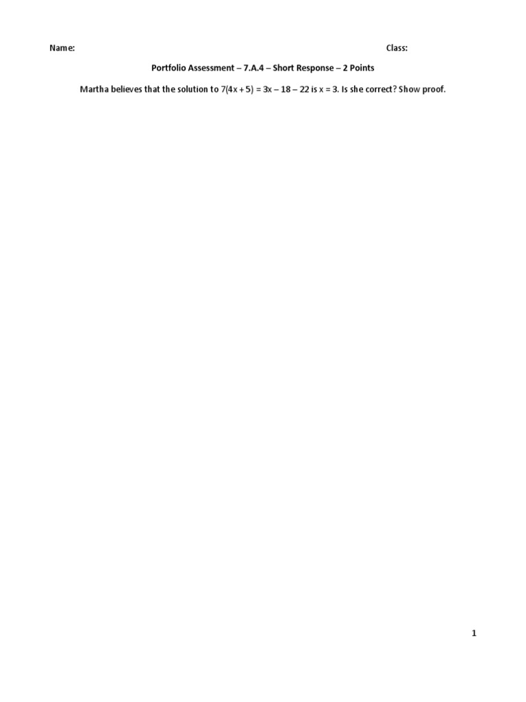 Portfolio Assessment - 7.A.4 - Short Response - 2 Points: Name: Class ...