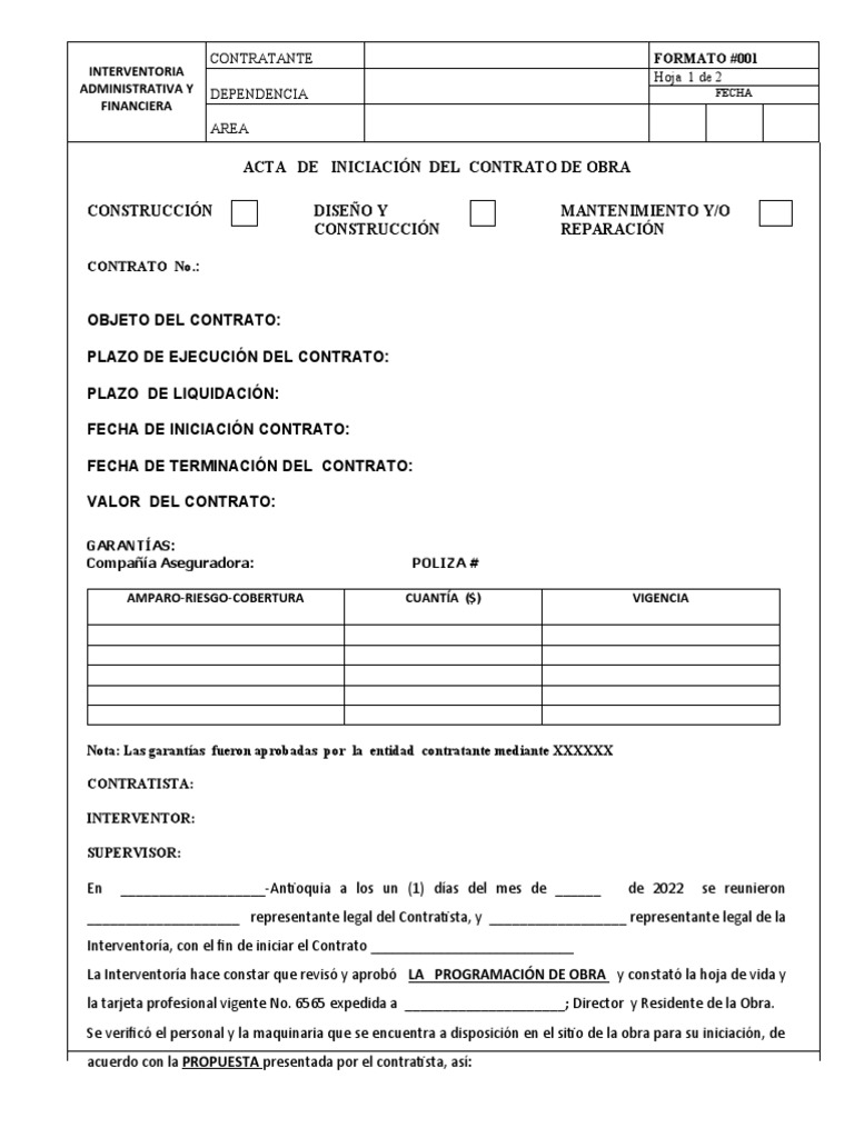 Acta de Inicio de Contrato de Obra | PDF