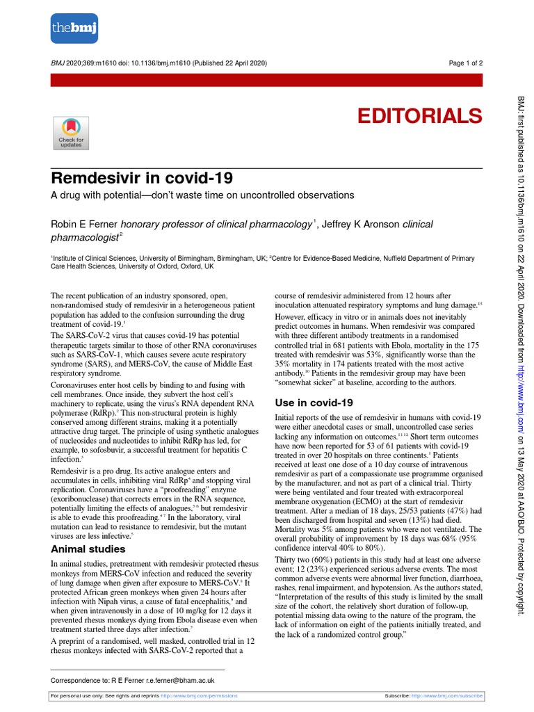Editorials Remdesivir in Covid19 PDF Virus Virology