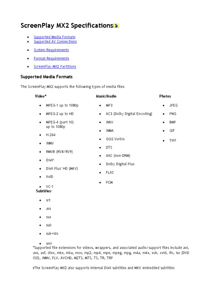 ScreenPlay MX2 Specifications | PDF | Computer File | Hdmi