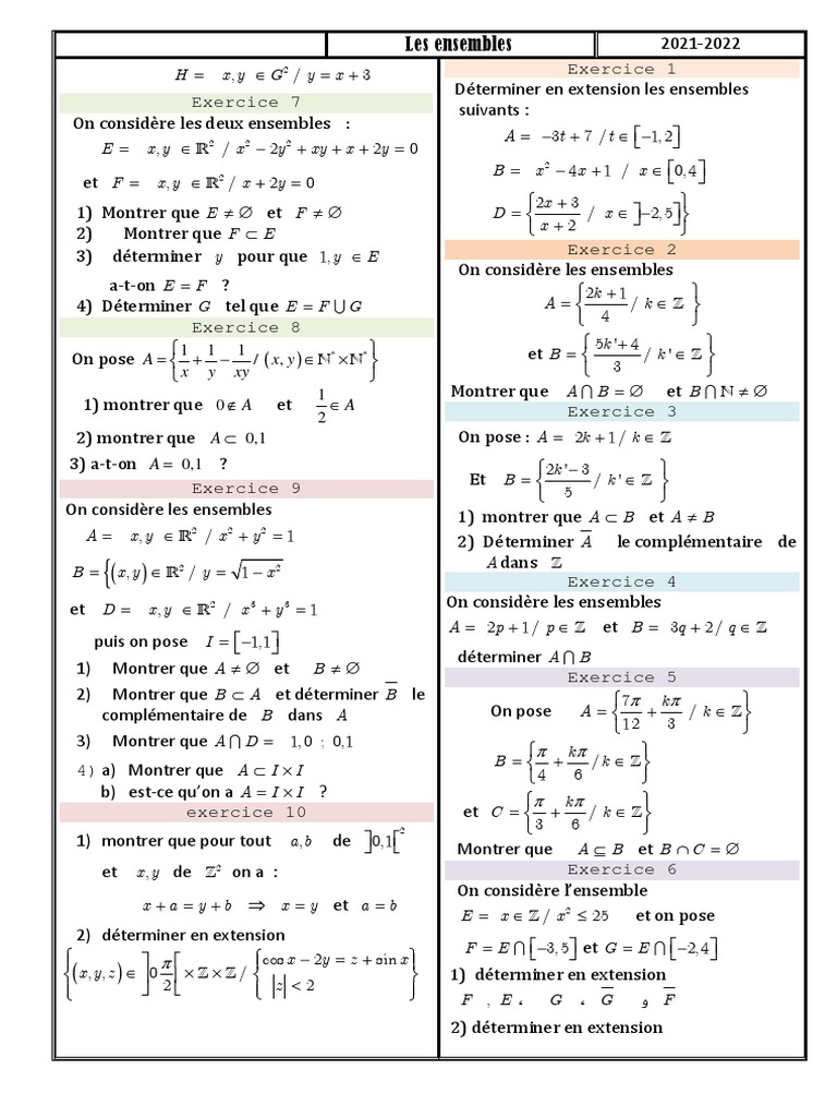 Exercices sur les ensembles tronc commun | PDF | Corps commutatif | Algèbre