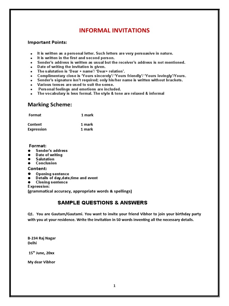 Informal Invitations: Marking Scheme | PDF