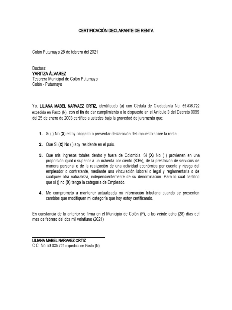 Certificación Declarante de Renta PDF
