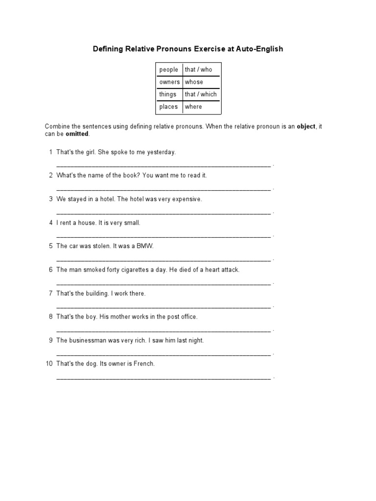 Defining Relative Pronouns Exercise at Auto | PDF