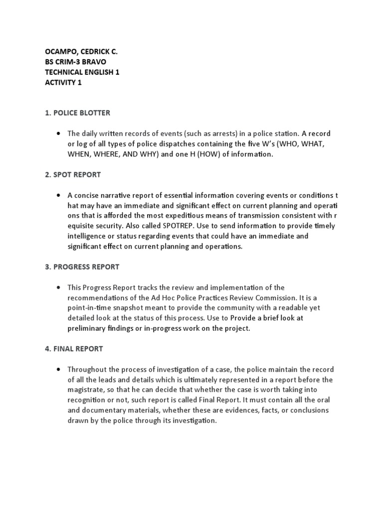 Ocampo, Cedrick C. Bs Crim-3 Bravo Technical English 1 Activity 1 | PDF ...