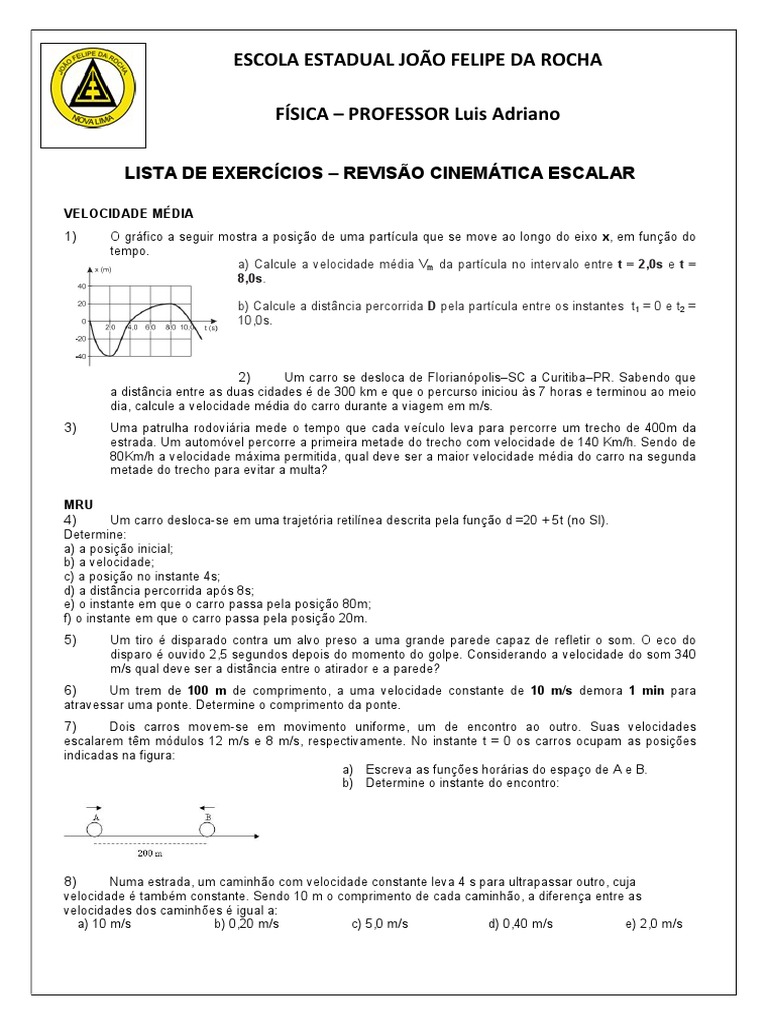 Lista de Exercícios - Cinemática 1 | PDF | Velocidade | Cinemática
