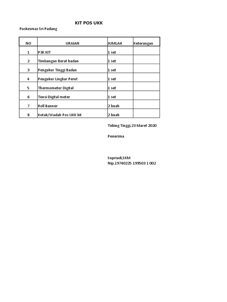 Puskesmas Sri Padang Ukk Kit Inventory Pdf