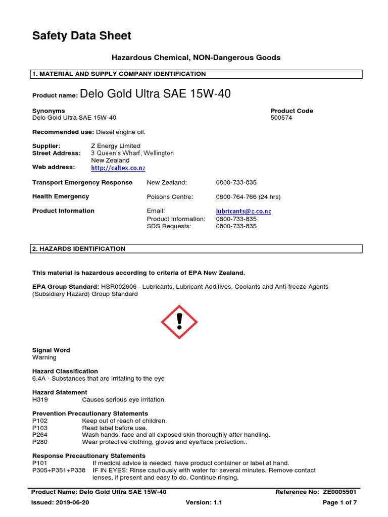 Delo Gold Ultra SAE 15W40 Safety Data Sheet PDF Toxicity