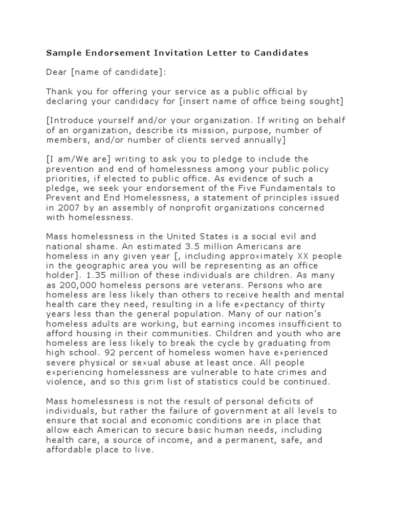 Sample Endorsement Invitation Letter | PDF | Homelessness