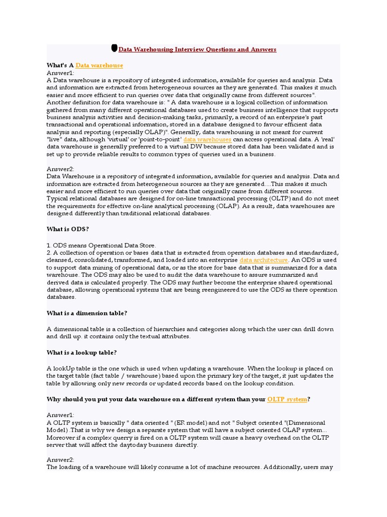 Data Warehousing Interview Questions and Answers | PDF | Data Warehouse ...