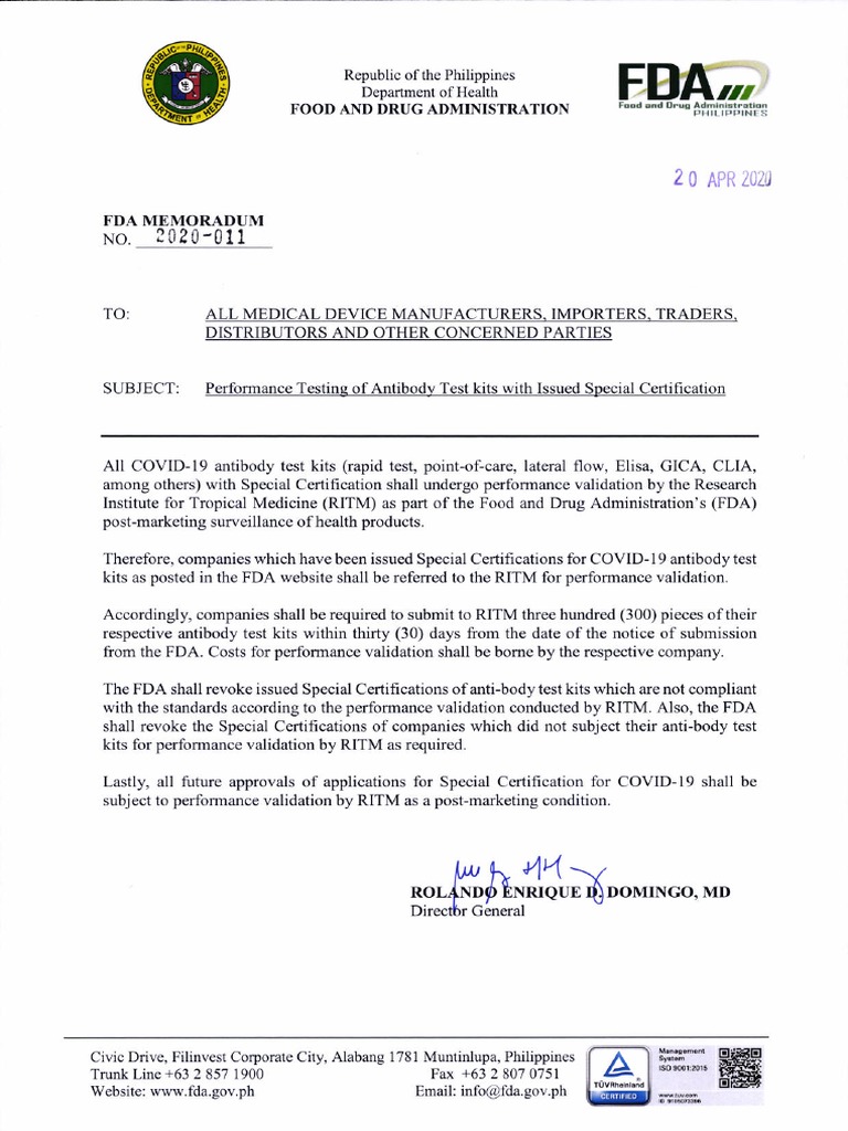 FDA Memorandum No. 2020 011 | PDF
