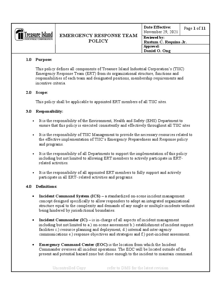 Emergency Response Team Policy PDF Emergency Firefighting