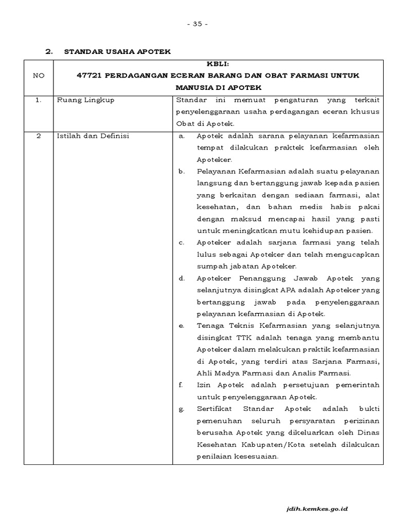 PMK No. 14 TH 2021 TTG Standar Kegiatan Usaha APOTEK | PDF