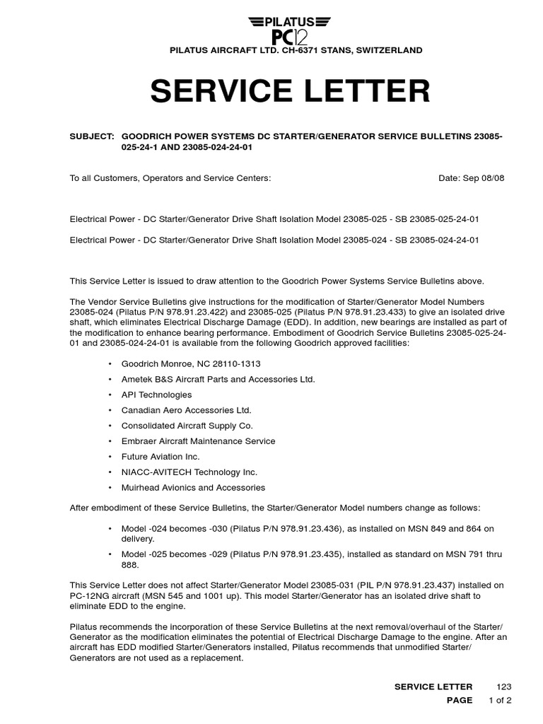 Service Letter: Pilatus Aircraft Ltd. Ch-6371 Stans, Switzerland | PDF ...