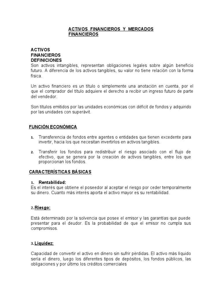 Activos y Mercados Financieros | PDF | Bolsa | Mercado (economía)