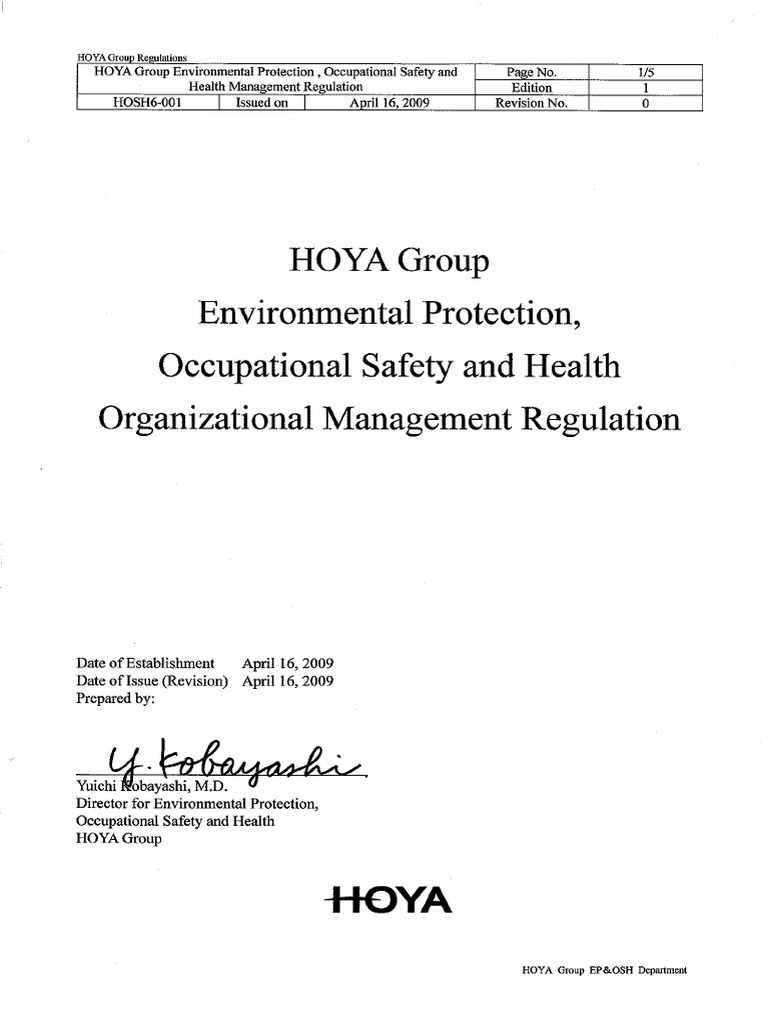 HOYA Group EP & OSH Regulations | PDF | Occupational Safety And Health ...