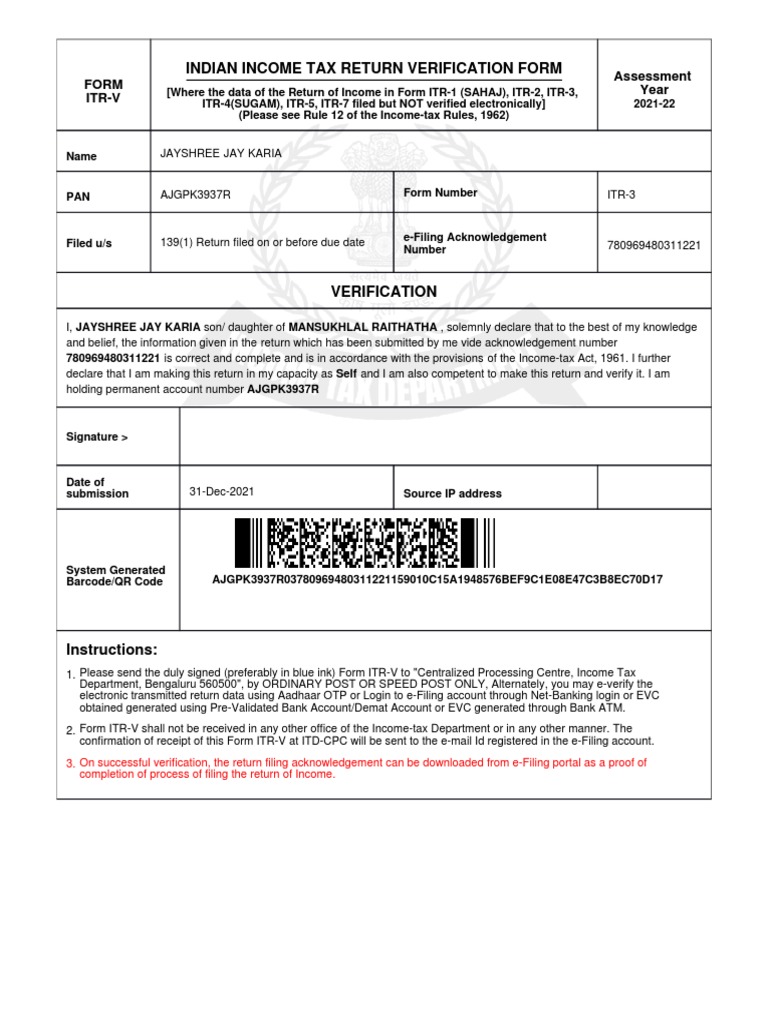 Indian Tax Return Verification Form Form ItrV Assessment Year PDF Government Taxes