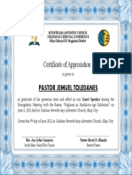 Certificate of Appreciation: Pastor Jemuel Toledanes