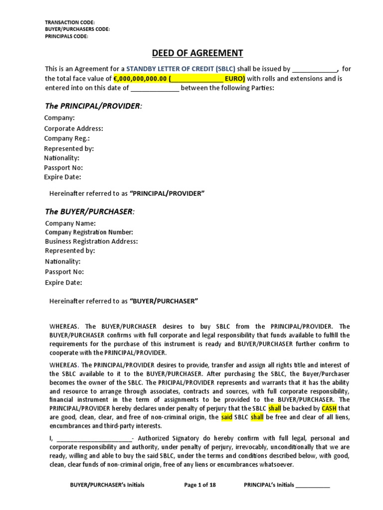 Doa Draft SBLC Buy Sell Feb2022 | PDF | Letter Of Credit | Financial ...
