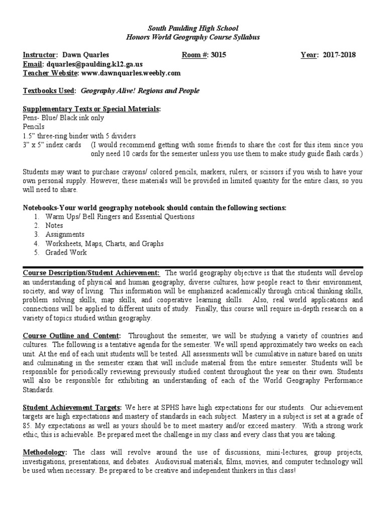 South Paulding High School Honors World Geography Course Syllabus PDF