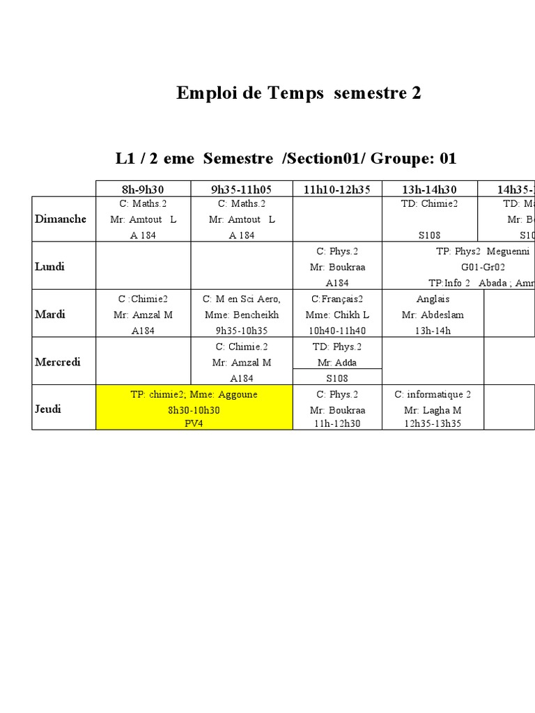 Emploi du Temps L1 Semestre 2 | PDF | Sciences et mathématiques