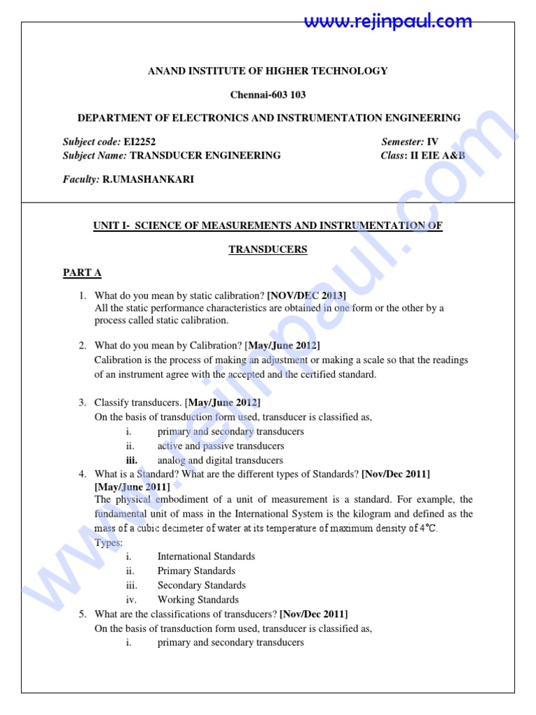 Transducer Engineering QB PDF Accuracy And Precision