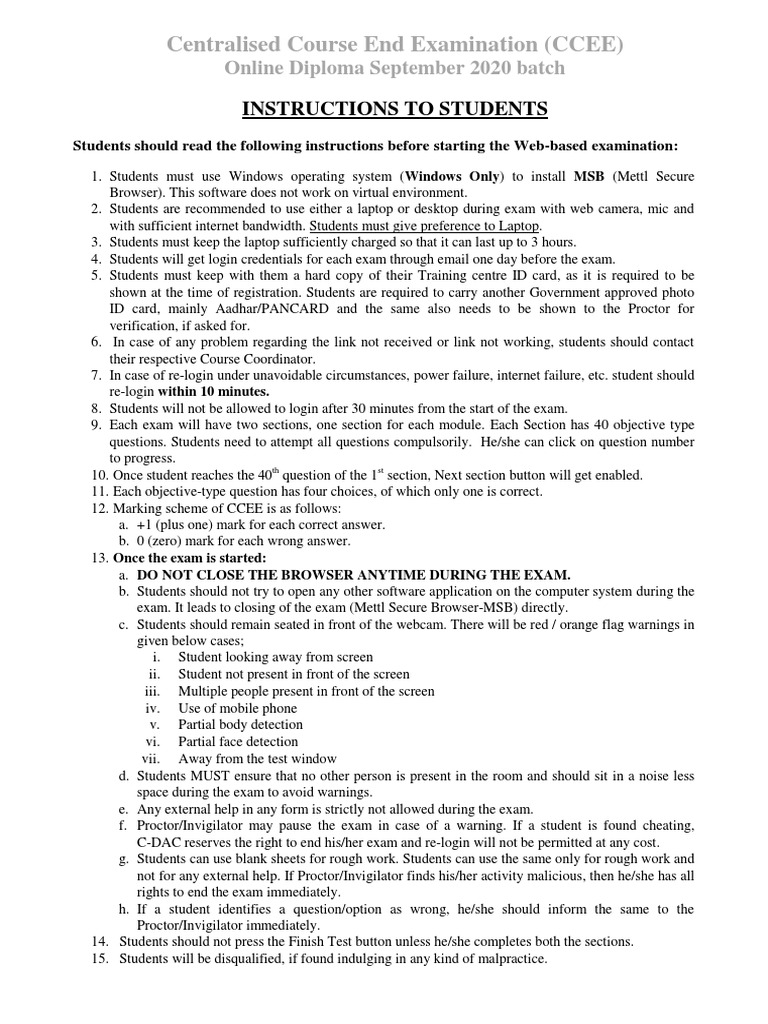 CCEE Exam Instructions for Students | PDF | Test (Assessment) | Internet