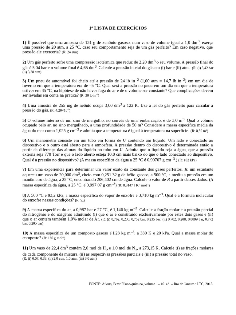 Lista de exercícios sobre gases perfeitos e suas propriedades | PDF ...