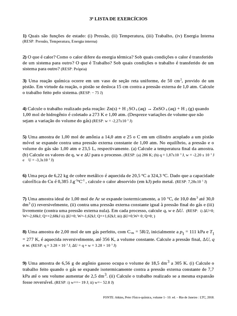 Exercícios de Termodinâmica e Trabalho | PDF | Calor | Temperatura