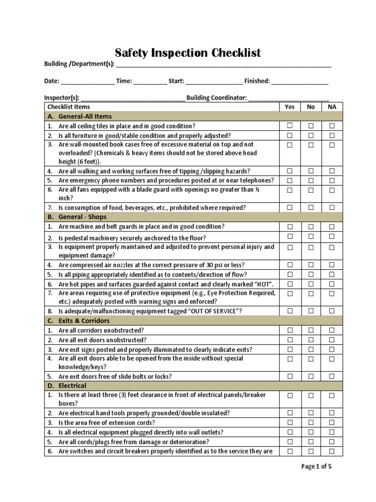 Safety Inspection Checklist: A. General-All Items | PDF | Firefighting