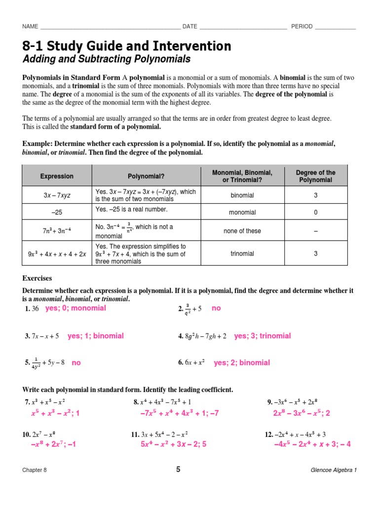 8.1 Adding and Subtracting Polynomials Answer Key | PDF | Polynomial ...