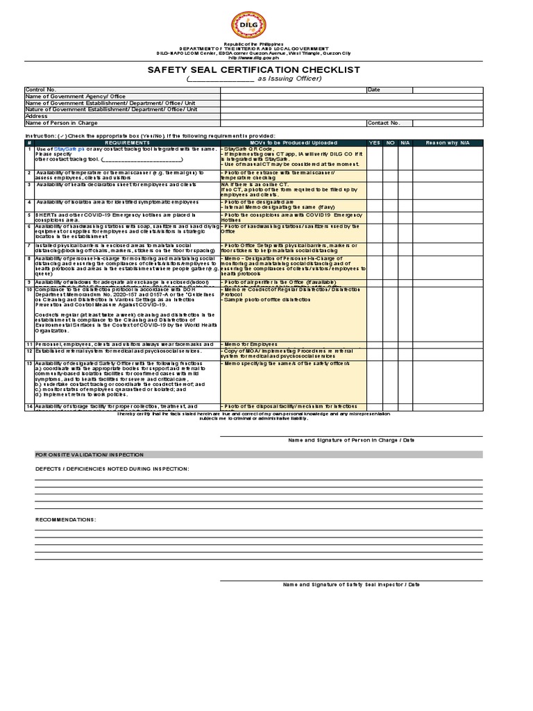 Safety Seal Certification Checklist | PDF | Medical Specialties ...