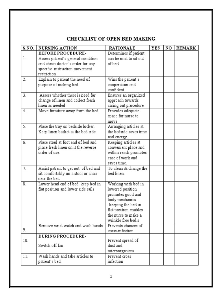 Checklist of Open Bed Making Close, Occupied Bed PDF Bed Hand Washing