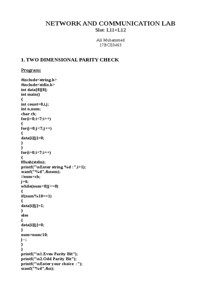 Network and Communication Lab 1. Two Dimensional Parity Check PDF