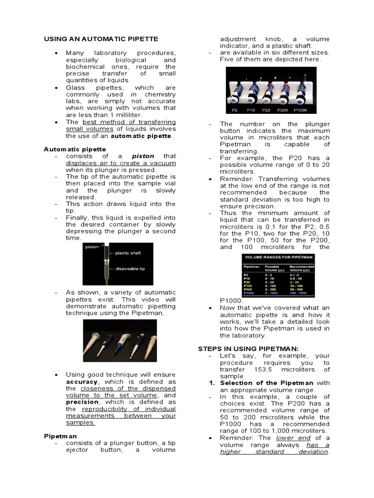 Using An Automatic Pipette PDF Chemistry Metrology