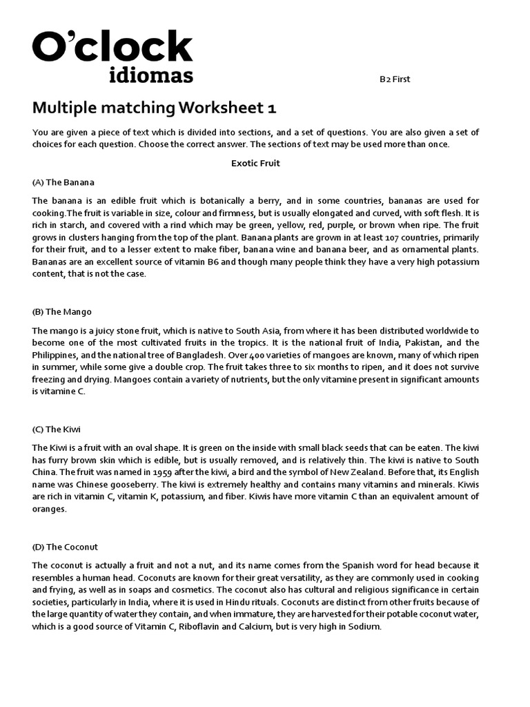 Multiple Matching Worksheet 1: Exotic Fruit | PDF | Banana | Mango