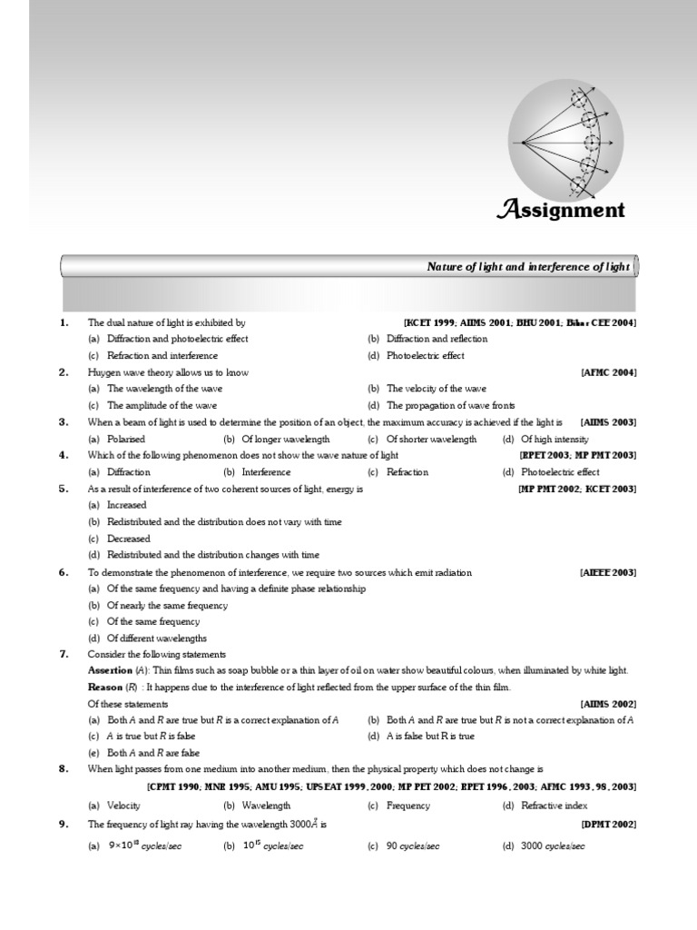 11-Wave Optics - (Assignment) | PDF | Wavelength | Diffraction