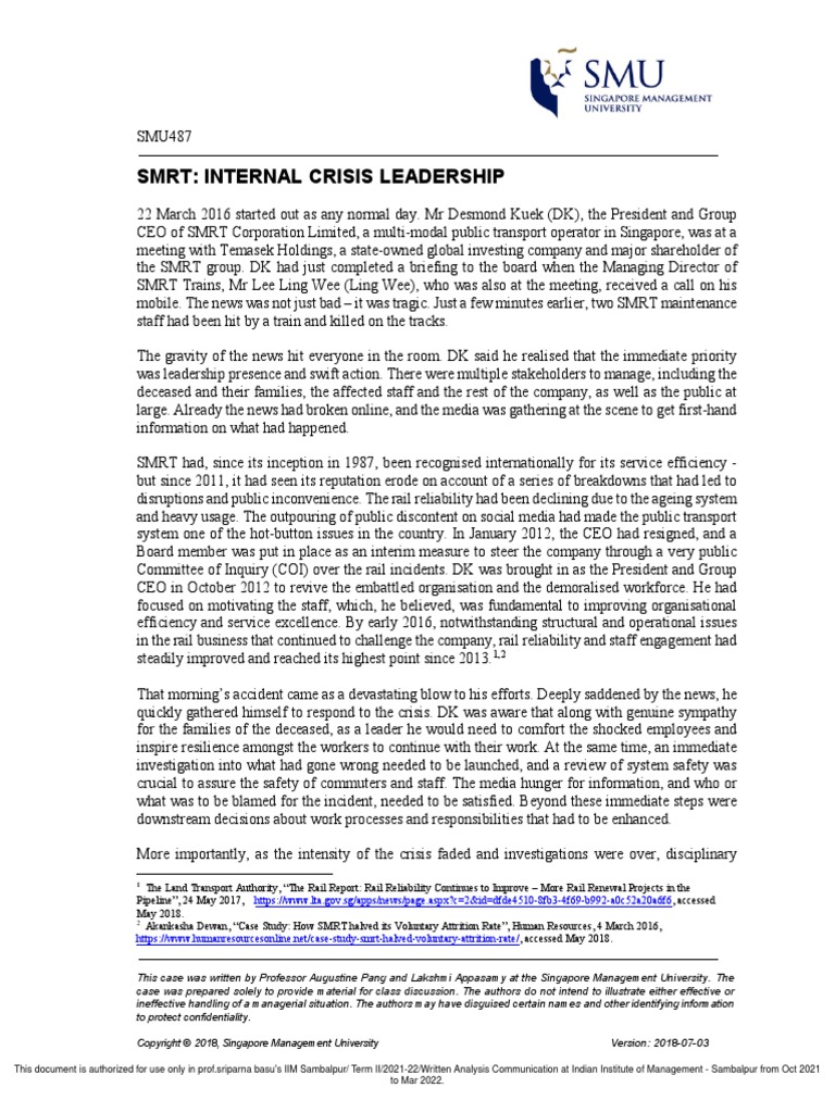 SMRT - Internal Crisis Leadership | PDF