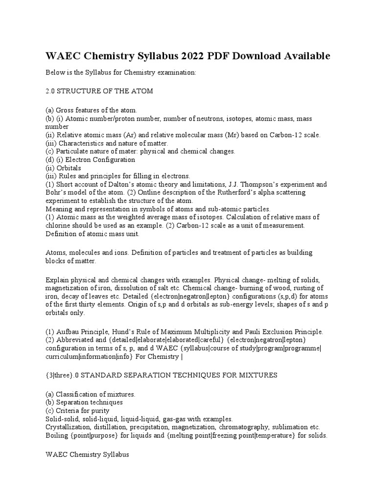 Waec Chemistry Syllabus 2022 Pdf Download Available Pdf Chemical