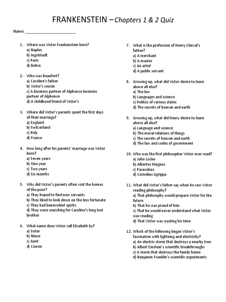 Frankenstein Chapters 1 & 2 Quiz PDF Frankenstein