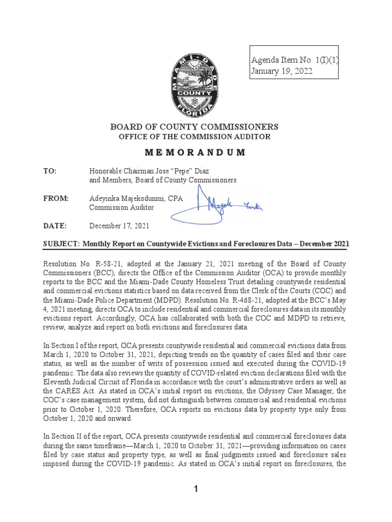 MiamiDade Monthly Report On Countywide Evictions and Foreclosures Data