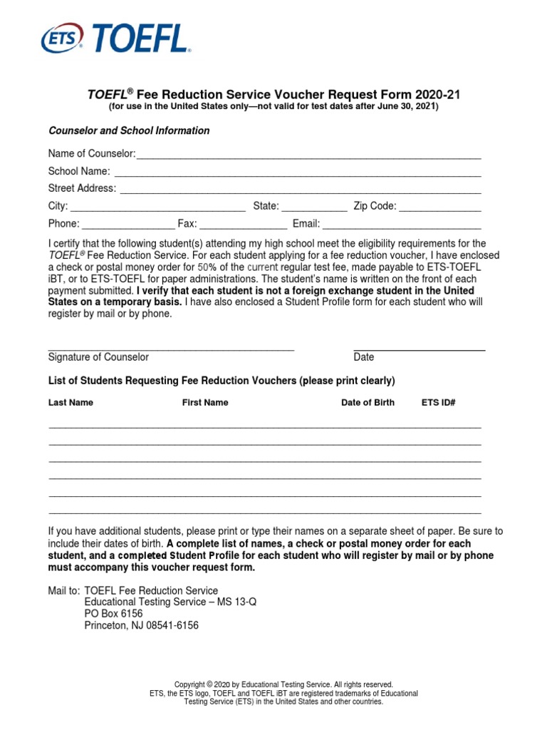 TOEFL Fee Reduction Voucher Request Form PDF Mail Test Of English